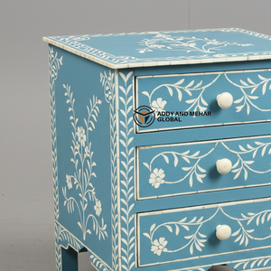 Mesa de Noche Moderna Ecológica Hecha a Mano con Incrustaciones de Hueso Azul y Florales, con 2 Cajones, para Decoración de Dormitorios de Lujo - Product Image 4