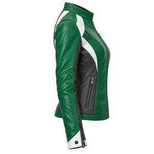 <b>Green</b> Womens Leather Jacket Genuine Cowhide <b>Motorbike</b> Racing Outerwear Slim Fit Sport Biker Riding Coat Snap Collar Cuffs - Product Image 3