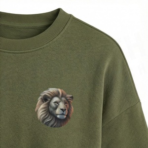 Conjunto de 2 Piezas para Mujer, Color Verde Oliva, Camiseta de Manga Corta con Cuello Redondo y Estampado de León, Corte Holgado, Informal, para Primavera/Verano - Product Image 3