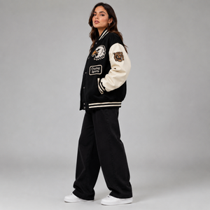 Veste de sport Oxytag, style varsity, noire et crème, avec broderie animale, manches longues, coupe classique, pour femme, vêtements d'automne, prix avantageux - Product Image 6