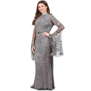 Robe de soirée de luxe à col haut gris anthracite avec manches longues évasées - Élégante robe longue en tulle ornée de perles florales multicolores pour femme - Product Image 3