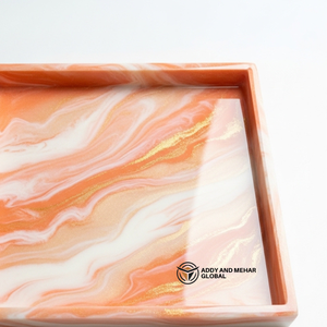 ถาดเสิร์ฟทรงกลมลายหินอ่อนสีส้มเรซิ่นดีไซน์หรูหราทันสมัยลายเส้นสีทองตกแต่งด้วยอีพ็อกซี่สำหรับขนม ชา กาแฟ ใช้ในครัว บ้าน โรงแรม - Product Image 2
