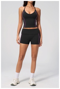 Black 2 Piece Yoga Set Halter <b>Crop</b> <b>Top</b> High Waist Shorts Contrast Stitch Seamless Quick Dry Spandex Polyester - Product Image 4