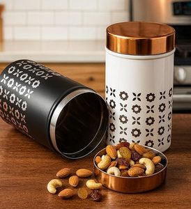Minimalist Metal Spice <b>Containers</b> Round Airtight Design Engraved Floral Pattern Black and White with Copper Lids - Product Image 5