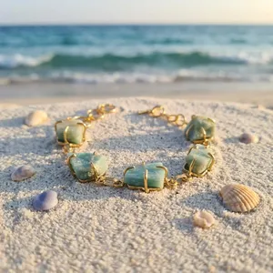 18k Gold Plated Chain Bracelet with Green Stone Claw Setting <b>Link</b> Design Vintage Women's Party Beach Style Jewelry - Product Image 2