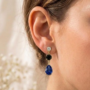 Elegant Sapphire & Black Obsidian Pear Drop <b>Earrings</b> CZ Accent Minimalist Handmade Gemstone <b>Stud</b> Dangle <b>Earrings</b> Gift For Her - Product Image 3