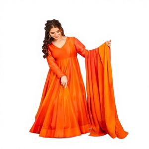 ชุดเดรสอานาร์กาลีผ้าชีนอนพิมพ์ลายสวยงามสไตล์อินเดีย-ปากีสถาน สำหรับงานปาร์ตี้  ชุดเดรสลายดอกไม้แบบดั้งเดิมสำหรับผู้หญิง  ชุดพื้นเมือง - Product Image 1