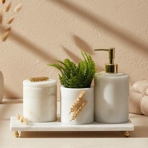 Reliable Marble Bathroom Set 3-Piece Round Minimalist Soap Dispenser <b>Toothbrush</b> <b>Holder</b> Tray Easy To Clean - Product Image 1