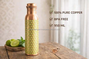 Bouteille d'eau en cuivre 1000 ml, design vert à pois, couvercle à vis, bouteille de voyage réutilisable en métal - Product Image 4
