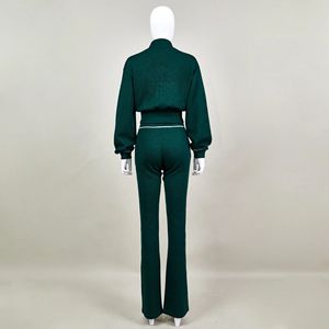 2026 Custom Logo Women's One <b>Set</b> Striped Tracksuit Contrast Piping Zip Crop Jacket High Waisted Flare Pants Sportswear Spring - Product Image 3