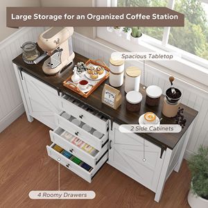 Credenza Rustica Artigianale con Piano Spesso, 2 Ante Scorrevoli, 4 Cassetti, 2 Ripiani Regolabili, Bianca, per Sala da Pranzo - Product Image 4