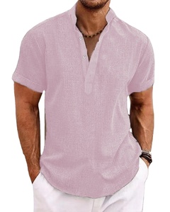 Nueva camiseta de playa informal con cuello Henry para hombre, Camiseta de algodón 100% de alta calidad, manga corta, estilo callejero de Color sólido teñido con lazo - Product Image 4