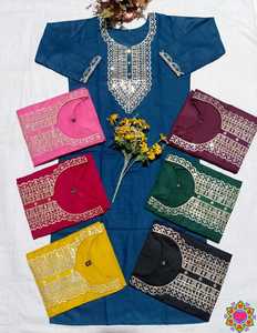 Kurta en coton slub fantaisie avec col brodé pour femmes, vêtements de fête, vêtements traditionnels indiens et pakistanais, kurtis décontractés. - Product Image 6