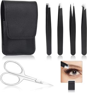 Ensemble de 5 pinces à sourcils en acier inoxydable avec étui en cuir. - Product Image 1