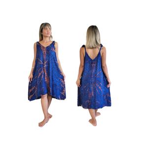 Trendy Boho Tie Dye Maxi Dress Rayon Deep V Neck Sleeveless Loose Fit Blue Brown Summer Casual Outfit - Product Image 1