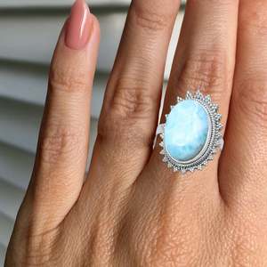 Handmade 925 Sterling Silver Women's Boho <b>Statement</b> <b>Ring</b> Natural Larimar Oval shape Gemstone Inlay Trendy Great Gift for Her - Product Image 4