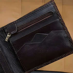 Saffiano Texture Men <b>Wallet</b> Dark Brown Leather Bifold Zipper Pocket Mesh ID Window Geometric Card Slot Classic <b>Cash</b> Compartment - Product Image 5