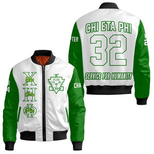 เสื้อแจ็คเก็ตบอมเบอร์สีขาวเขียวสำหรับผู้ชาย ยี่ห้อ Chi Eta Phi แบบซิปด้านหน้า สวมใส่สบาย กันลม ผลิตจากโพลีเอสเตอร์ พร้อมพิมพ์โลโก้ - Product Image 1