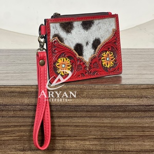 Hot Selling Tooled Genuine Cowhide Leather Zipper Mini <b>Wallet</b> Floral Carving Coin & ATM <b>Card</b> Holder Wristlet Clutches For <b>Women</b> - Product Image 1