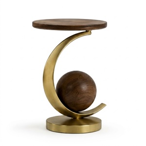 Mango Wood <b>Walnut</b> Finish Round TOP Spiral Design Metal Base Brass Finish with Round Wooden Ball Side <b>Table</b> For Home Living Decor - Product Image 1