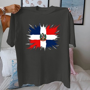 T-shirt pour femme en coton 100% à col rond, coupe confortable, imprimé par transfert thermique, motif du drapeau de la République dominicaine, tricot décontracté - Product Image 3