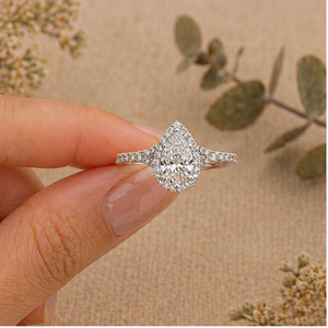 Bague de fiançailles en forme de poire avec zircon et perle d'eau douce, bande pavée plaquée argent 925, bijoux de mariée vintage de luxe pour femmes IGI/ - Product Image 5