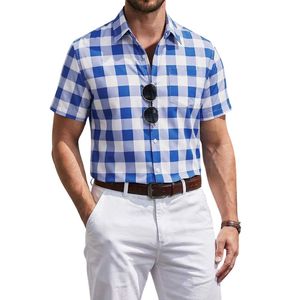 Camisa de hombre a cuadros, personalizada, de manga corta, con botones, de algodón y poliéster, estilo casual de verano para negocios, con bolsillo en el pecho. - Product Image 2