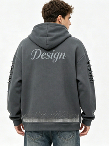 Sudadera Extra Grande Personalizada con Cuello Redondo, Diseño de Pedrería y Mangas Desgarradas, Estilo Casual Unisex, 100% Algodón Tejido - Product Image 4
