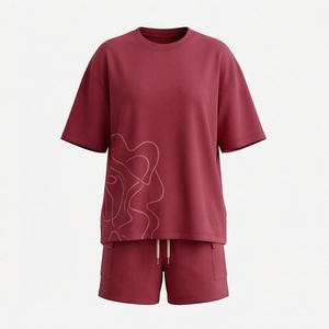 Women's 2 Piece <b>Knitted</b> <b>Set</b> Short Sleeve T Shirt and Above Knee Shorts Loose Fit Crew Neck Solid Color Geometric Print Casual - Product Image 1