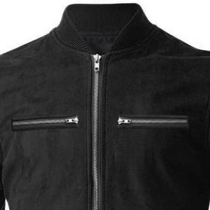 Men's <b>Suede</b> Bomber <b>Jacket</b> Moto <b>Biker</b> Style Zipper Closure Turn-down Collar Regular Sleeve Solid Color Autumn Wear Slim Fit - Product Image 3