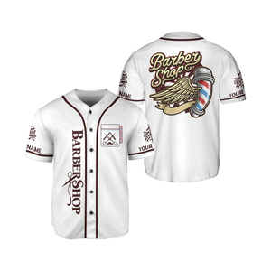 Camiseta de Trabajo Estilo Jersey de Béisbol para Barbería con Logotipo Personalizado, Blanca, de Algodón Transpirable, con Bolsillo y Diseño de Tijeras - Product Image 3