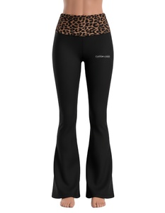 High Waist Full Length Flared Yoga <b>Leggings</b> With <b>Leopard</b> Waistband Custom Logo Right Leg Spandex Polyester Four-Way Stretch - Product Image 1