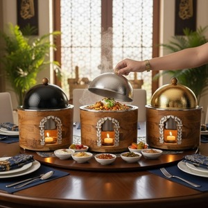 ถาดอุ่นอาหารทรงกลมฐานไม้หรูหรา ฝาปิดสีทองลายตอก พร้อมเครื่องอุ่นอาหารสแตนเลส สำหรับบุฟเฟ่ต์ระดับพรีเมียมและการจัดเลี้ยงที่บ้าน - Product Image 2