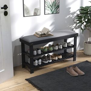 Panca Portascarpe Moderna a 3 Ripiani in Bambù con Cuscino e Design Regolabile per Ingresso e Corridoio - Nera - Product Image 2
