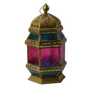 Hand Crafted Metal Lantern Pair Rectangular Glass Body Circular Pattern <b>Frame</b> Pyramid Top Dark Finish Hanging Ring Vintage - Product Image 6