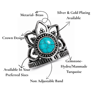 JewelryTownIN Ancient Sky Hydro <b>Turquoise</b> Gemstone Crown <b>Ring</b> Silver Plated Bohemian Bezel Setting Ethnic Jewelry for Women - Product Image 2