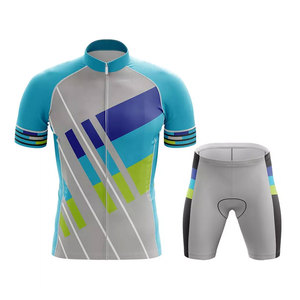 Ensemble maillot et short de cyclisme pour homme, bleu, gris, violet, vert, motif géométrique, manches courtes avec short rembourré - Product Image 1