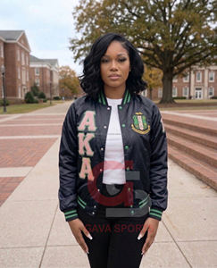 Chaqueta bomber de satén verde y rosa con letras griegas, cortavientos, estilo AKA, para mujer, ideal para universidades y HBCU. - Product Image 3