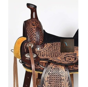 Sillín de caballo estilo Western de cuero marrón con diseño de cesta y motivos florales grabados a mano, asiento de gamuza negra, con juego de arreos, 10-18 pulgadas - Product Image 3