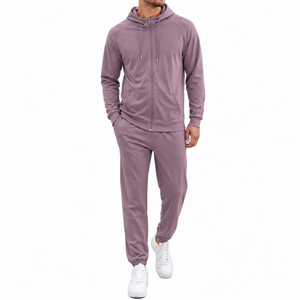 Men's Hooded Tracksuit Solid Color Full Zipper Sweatshirt and Pants <b>Set</b> Casual Autumn Wear 100% Cotton Breathable Regular Fit - Product Image 2