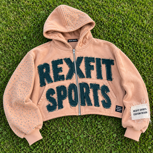Rexfit Sports Full Zip <b>Hoodie</b> Featuring <b>Large</b> Distressed Applique Rhinestone Detail Soft Fleece Fabric And Relaxed Streetwear - Product Image 2