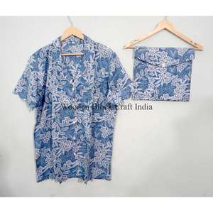 Conjunto de Pijama de Verano 100% Algodón Puro, Elegante y Clásico, con Estampado a Mano, Pantalones Cortos Tipo Canguro con Bolsillos, Suave y Transpirable - Product Image 2