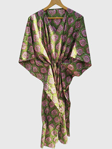 Women's Green Paisley Print <b>Kimono</b> Robe V Neck Short Sleeve <b>Vintage</b> Full Length Woven Cover Up - Product Image 1