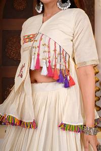 Cream Cotton Embroidered Anarkali Lehenga <b>Tiered</b> Flared Quick Dry All Seasons Traditional <b>Wedding</b> <b>Dress</b> for Women - Product Image 3