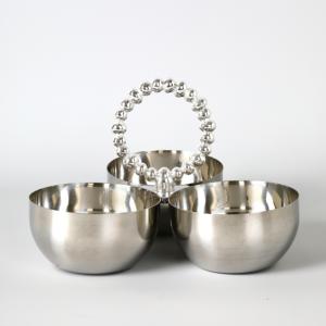 Premium Silver Triple Serving Bowl Set With Elegant Beaded Circular Handle For Luxury Home Table Decor - Product Image 1