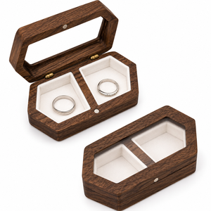 Custom Logo Walnut Wood Double Ring <b>Box</b> with <b>Glass</b> Lid Luxury Wedding Ring Bearer <b>Box</b> Jewelry Gift Packaging - Product Image 4