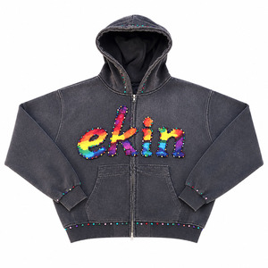 Sweat à capuche Ekin personnalisé gris 100% coton molletonné brodé coupe oversize délavé à l'acide avec strass et impression DTG - Product Image 1