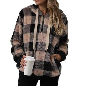 <b>Womens</b> <b>Sherpa</b> Plaid Flannel Pattern <b>Hoodie</b> Sweatshirt Long Sleeve Fashion Pullover Furry Fluffy Fur Fleece Outwear Winter Hooded - Product Image 3