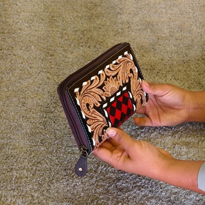 Venus Leather Were Designer Luxury Hand Tooled Carving Cowhide <b>Wristlet</b> Clutch Wallet RFID Protection Large Capacity Button - Product Image 2