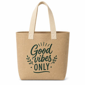 Sac fourre-tout en jute Good Vibes Only, couleur naturelle, poignée en coton, ouverture supérieure, style bohème, hauteur 35 cm, plage, voyage, usage quotidien - Product Image 1
